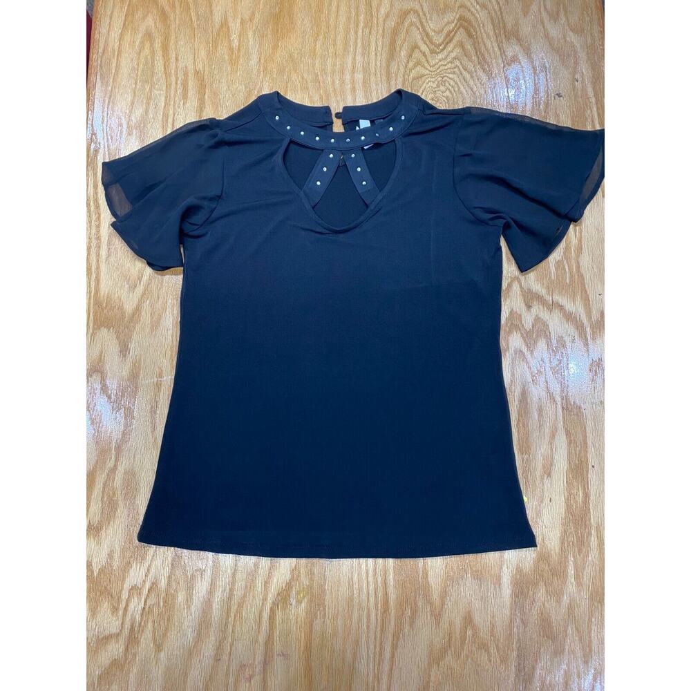 NY Collection Blouse Top Womens PM Blue Chiffon Short Bell Sleeve Stylish B61